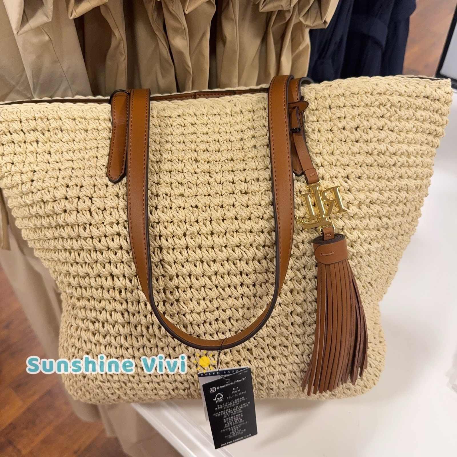 Nwt Lauren Ralph Lauren Crochet-Straw Medium Whitney Tote Natural/Lauren Tan